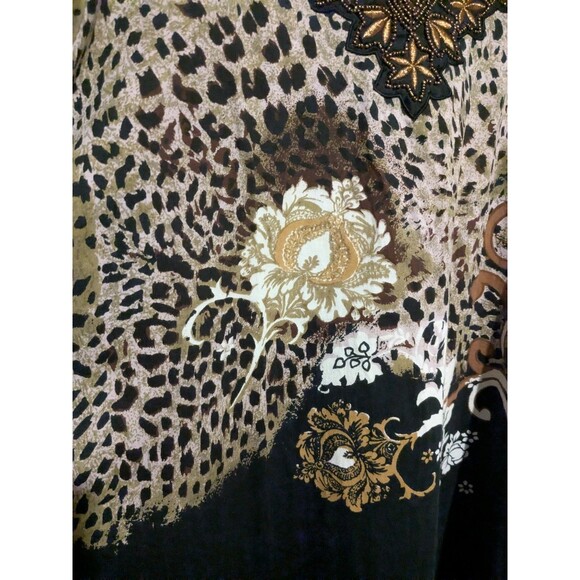 Ulla Popken Cotton Top 28 /30 Notch Neck Beaded Emb Leopard 3/4 Sleeve B64 - Picture 4 of 5